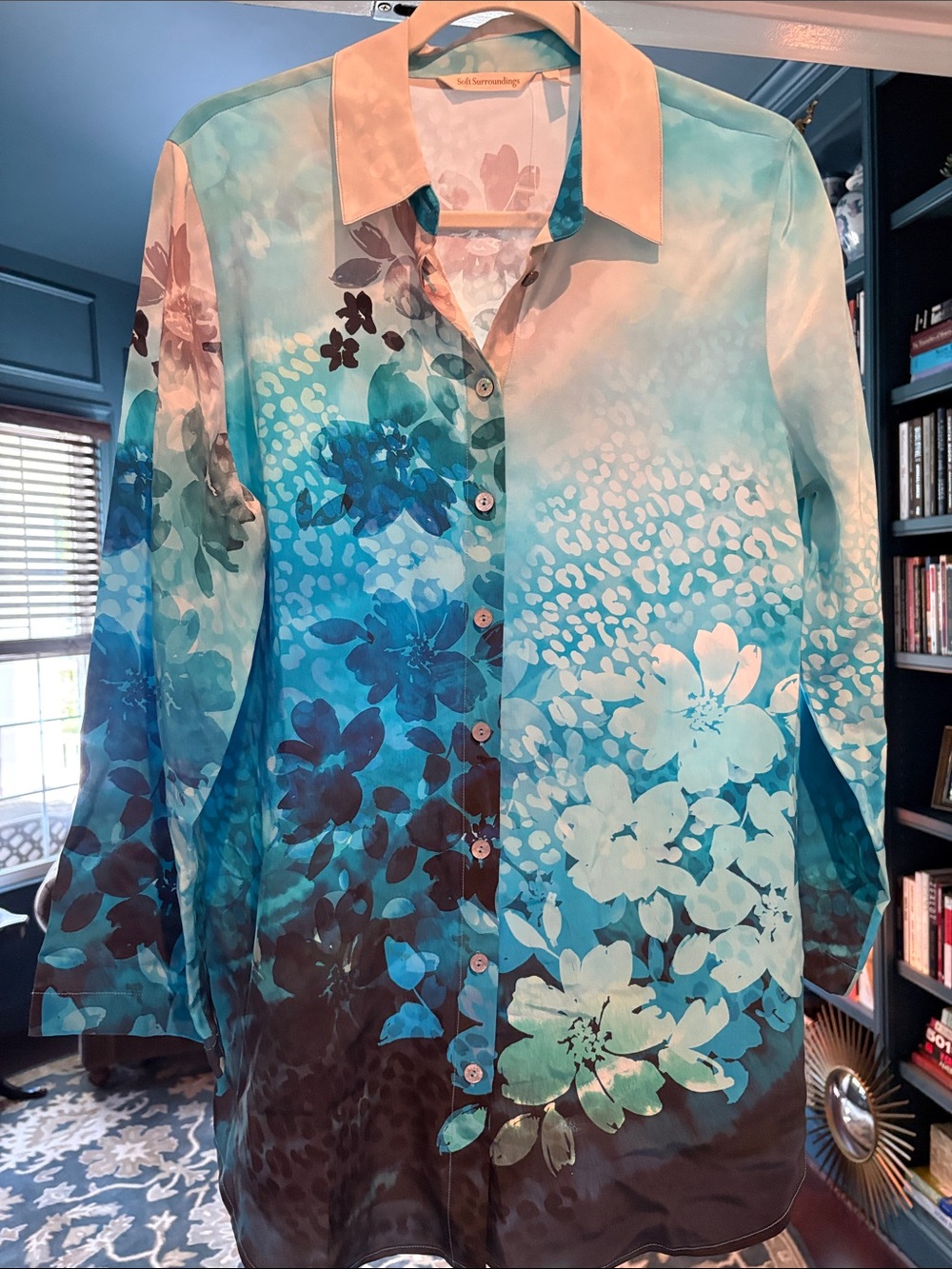 Floral Ombre Button-Down Silk Shirt in Teal & Aqua
